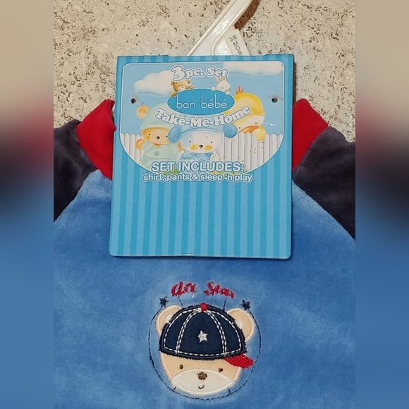 3-6 months, 3 piece set...2 complete outfits by ‘bon bebe’ w/baseball applique - Picture 6 of 7